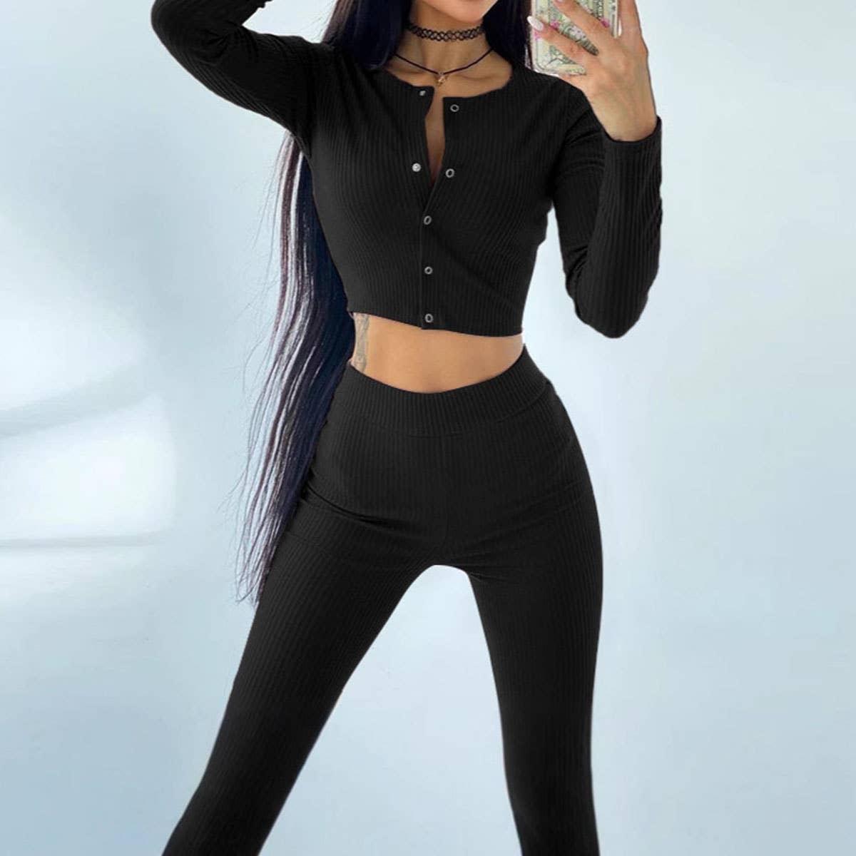 SHORT LONG-SLEEVE TOP AND PANTS FLARED PANTS SUIT