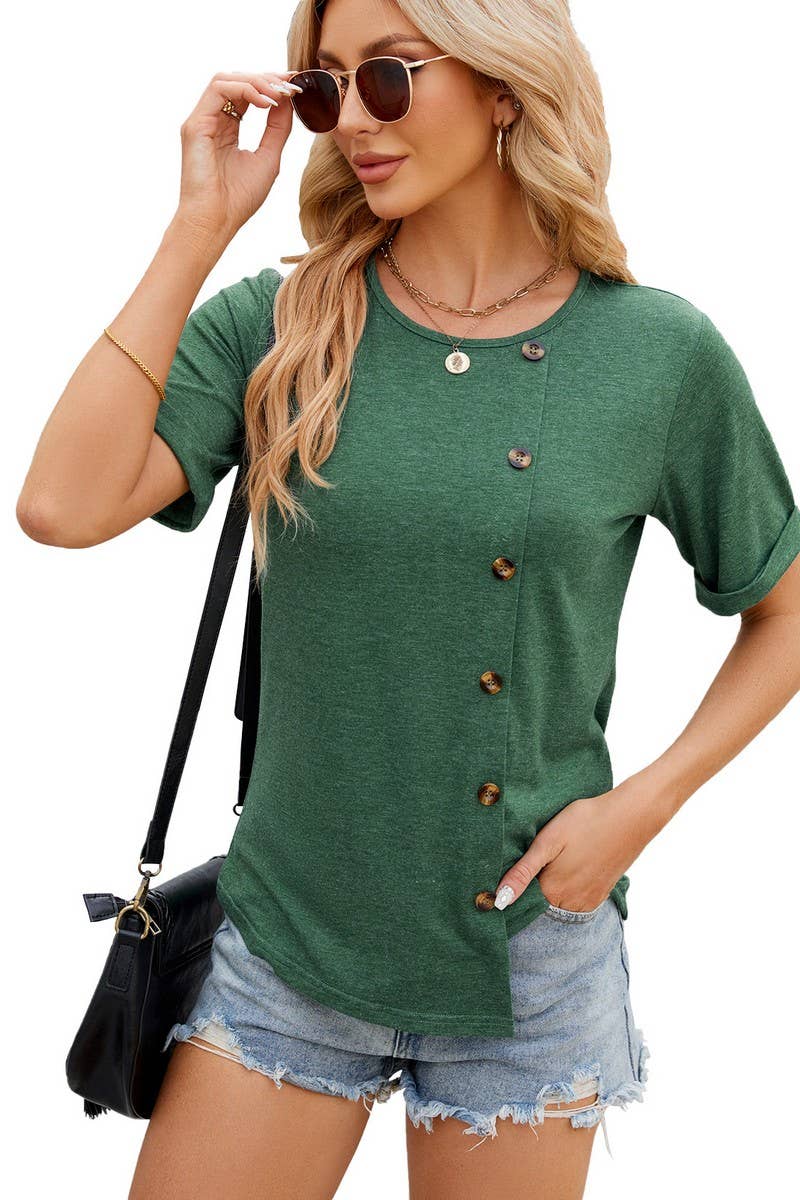 ROUND COLLAR BUTTON IRREGULAR HEM T SHIRT_CWTSTS0147