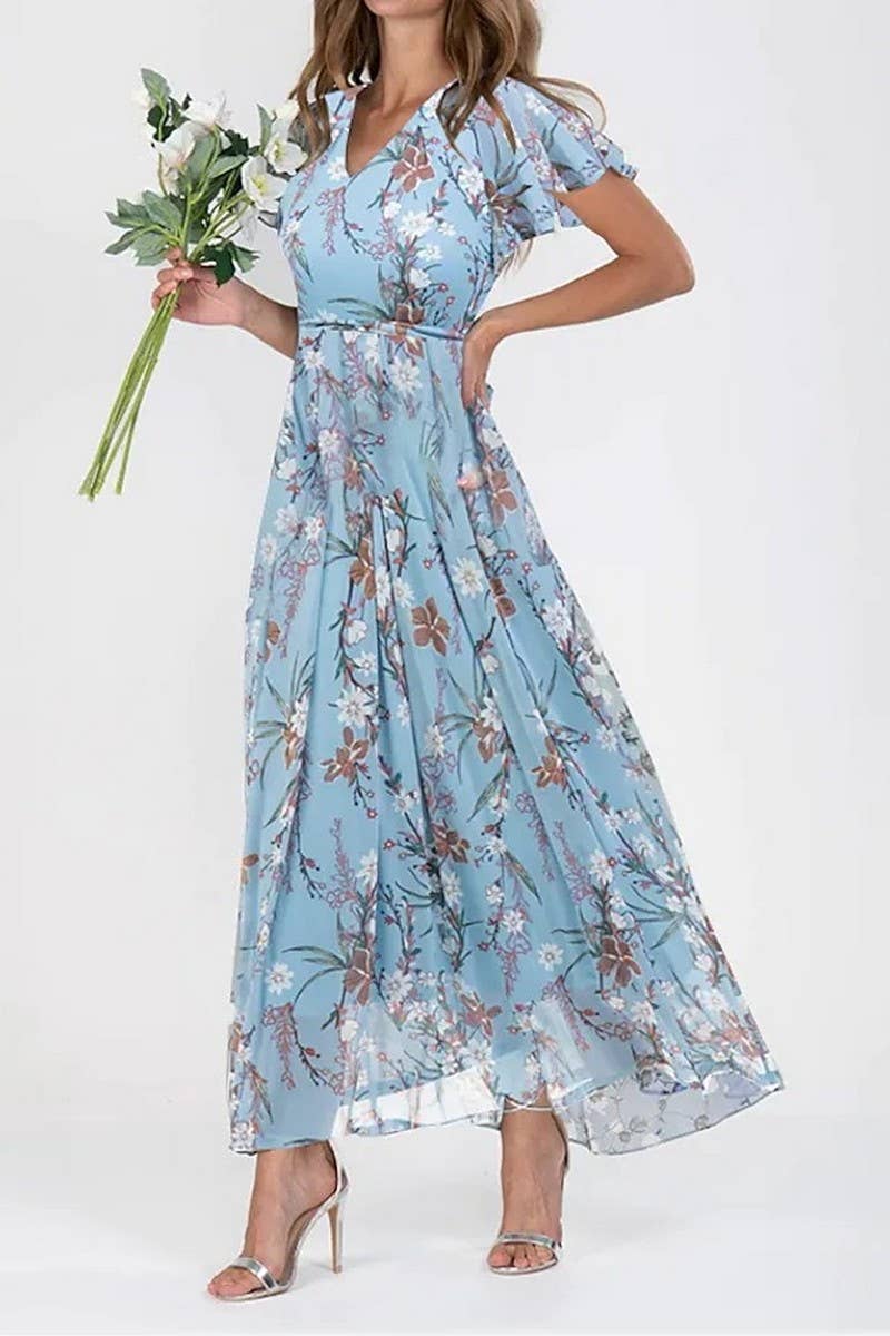 CWDMD01004_CHIFFON FLORAL SHORT SLEEVE RUFFLED V-NECK DRESS