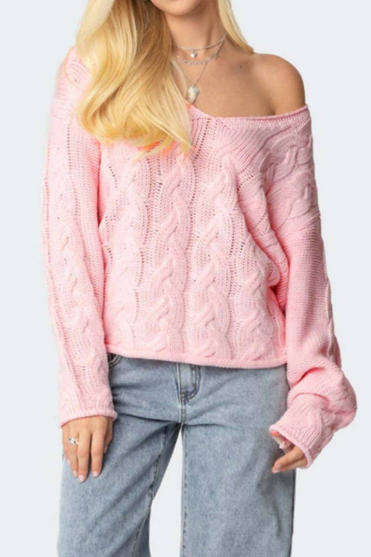 CWOSWL07422_LOOSE V NECK CABLE KNIT PULLOVER SWEATER