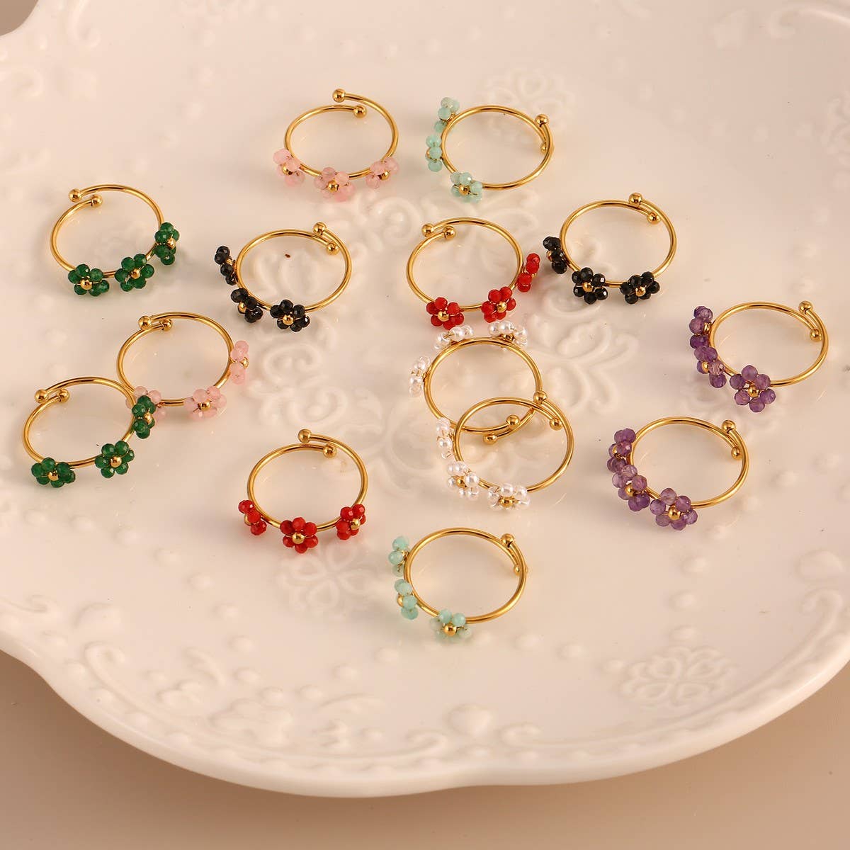 Triple Flower Open Ring in Natural Stone Steel