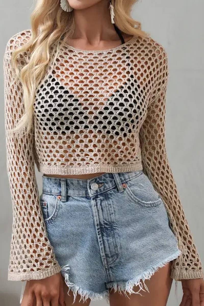 CWTSTSL0109_SPRING AND SUMMER CREW NECK HOLLOW KNIT CARDIGAN