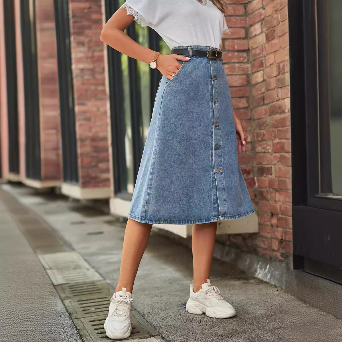 Washed Denim Button Front Skirt for Women Slim
