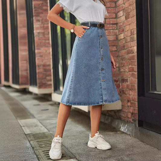 Washed Denim Button Front Skirt for Women Slim