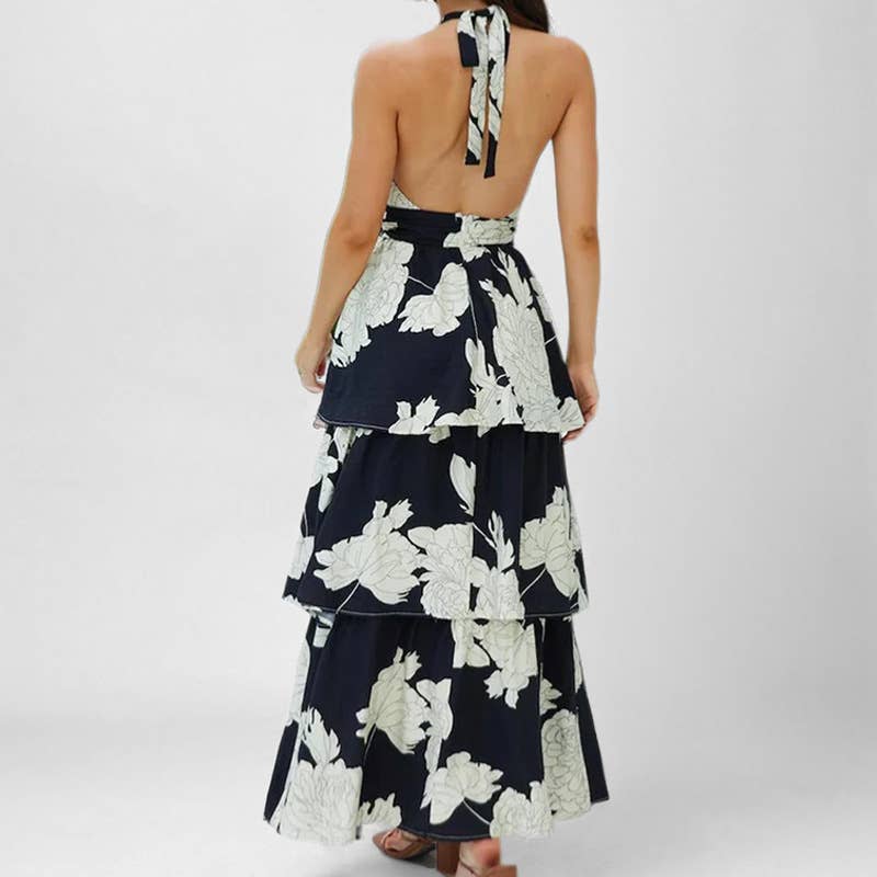 Sexy floral long cake dress with halter cutout