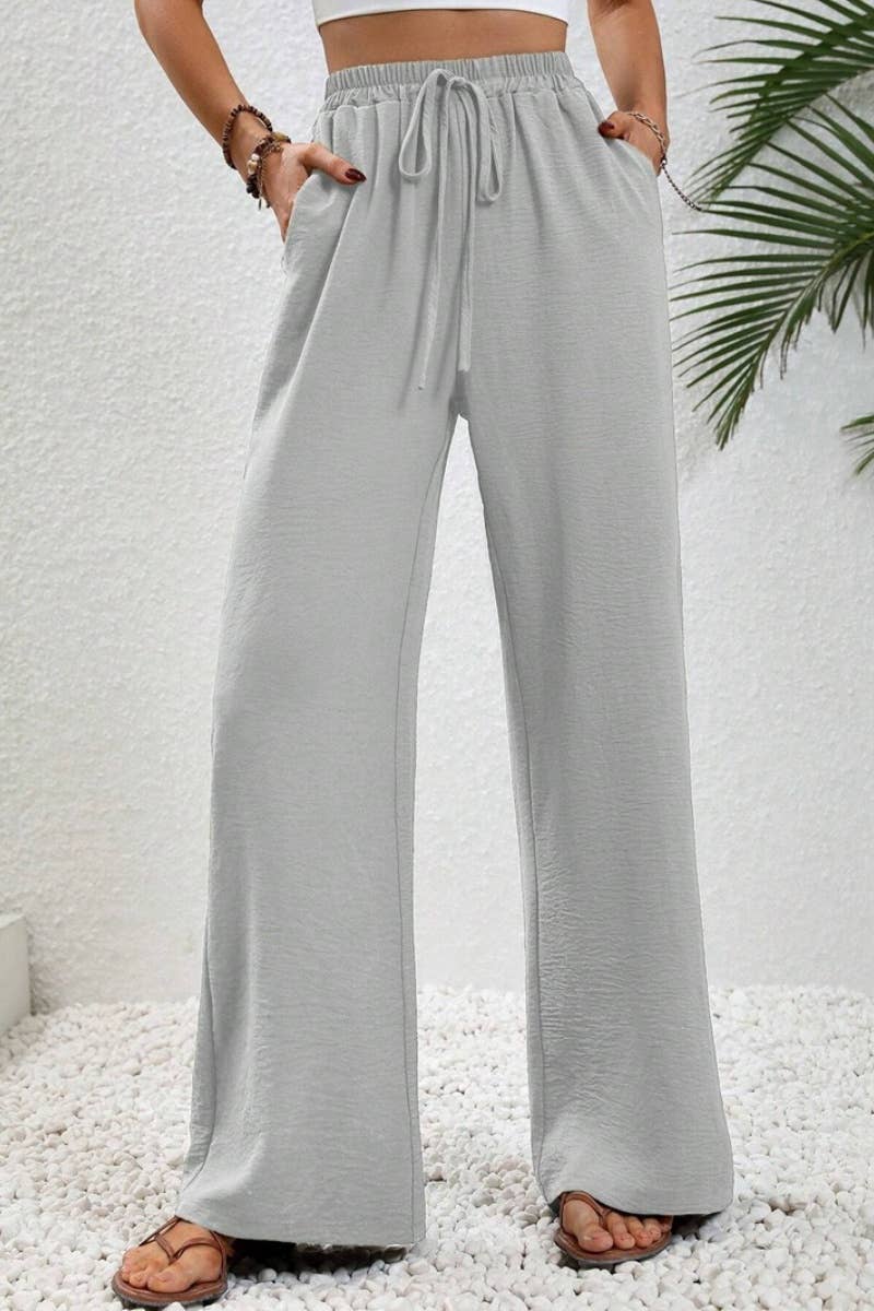 CWBMP0139_SUMMER CASUAL SOLID COLOR LACE-UP WIDE-LEG PANTS