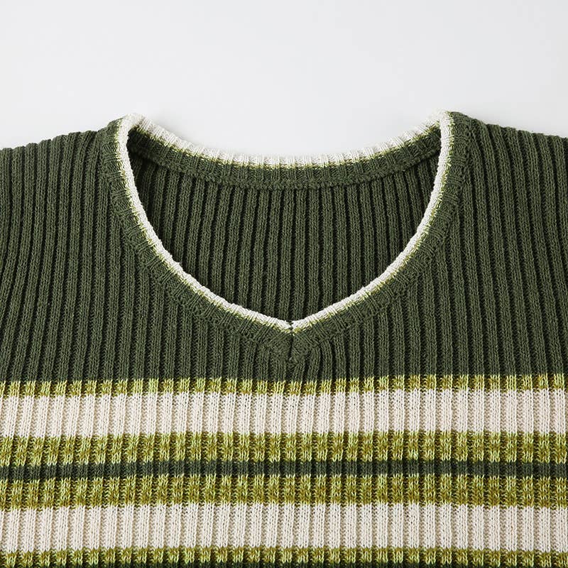VINTAGE PREPPY V-NECK STRIPED WOOLEN BLOUSE