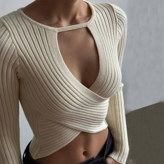 V-NECK LOW CUT THREAD FIT MIDRIFF LONG SLEEVE TOP
