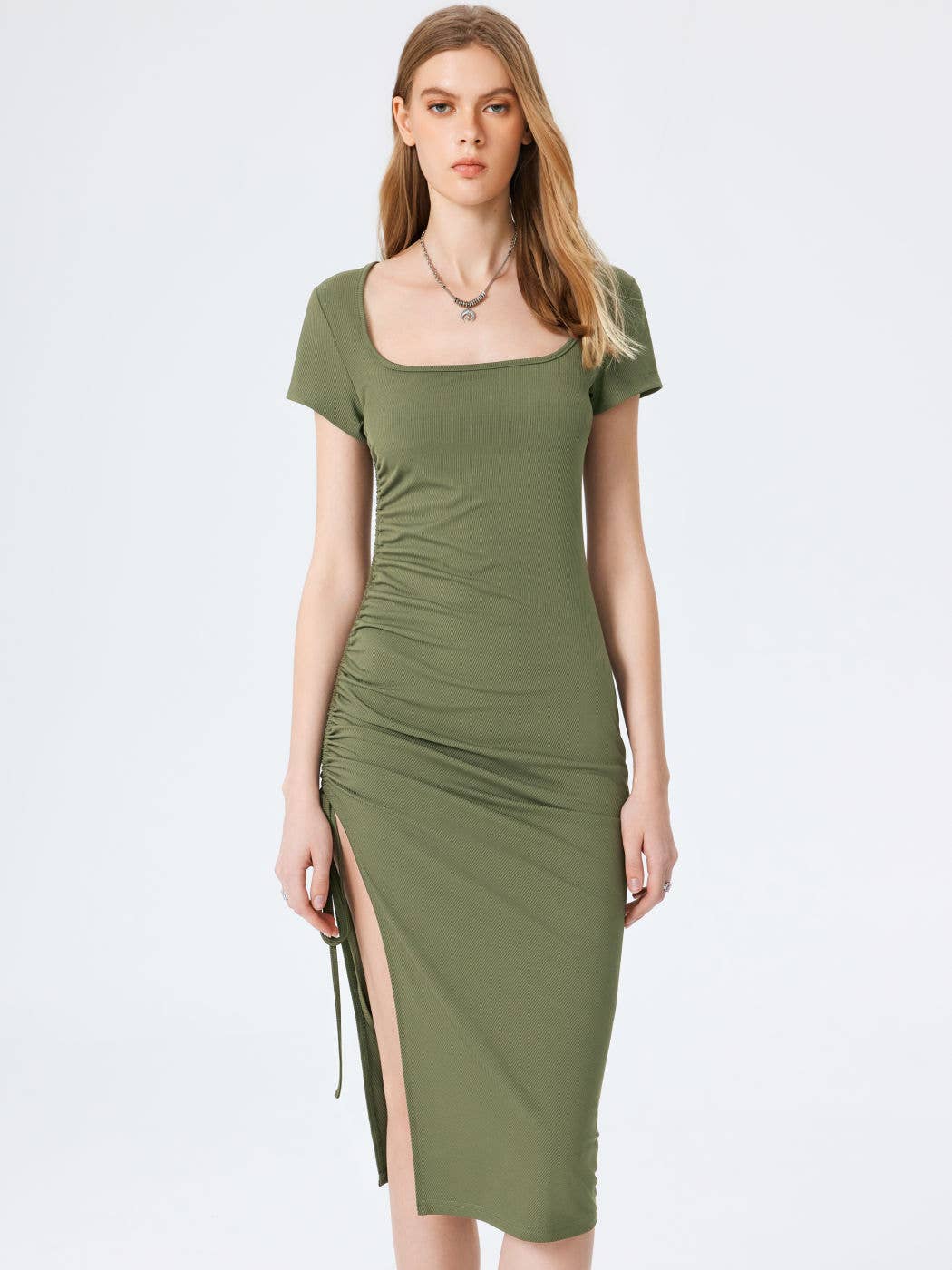 Knitted square neck cinched waist slit dress