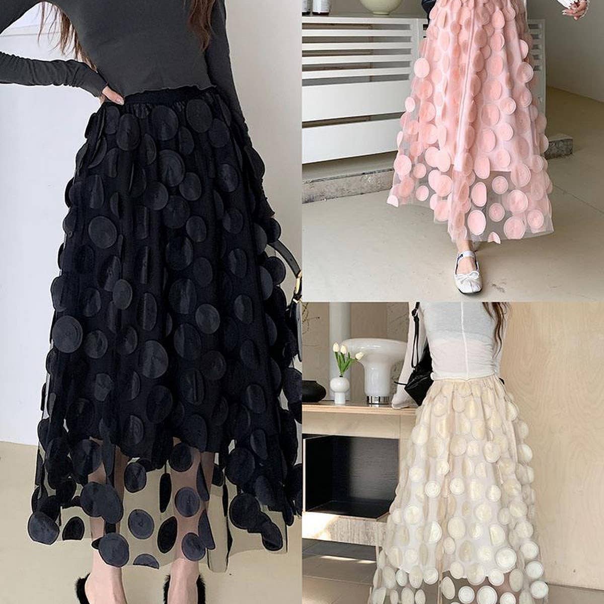 THREE-DIMENSIONAL FLORAL TULLE MESH SKIRT