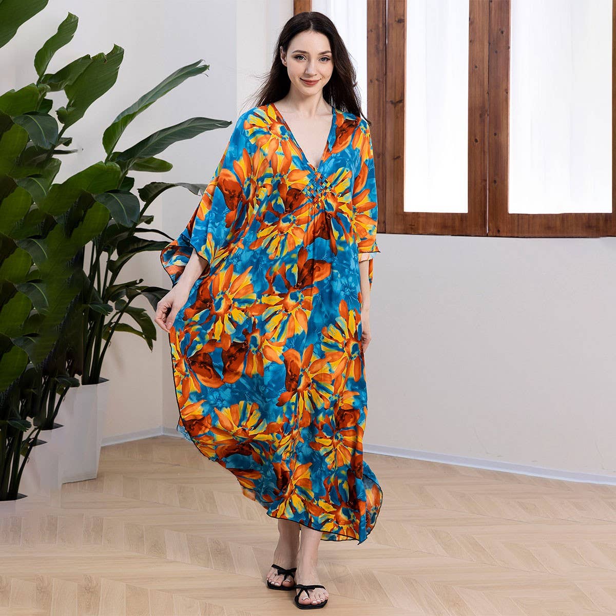 Rayon Print Beach Cover-Up with Woven Front_CWMM6213