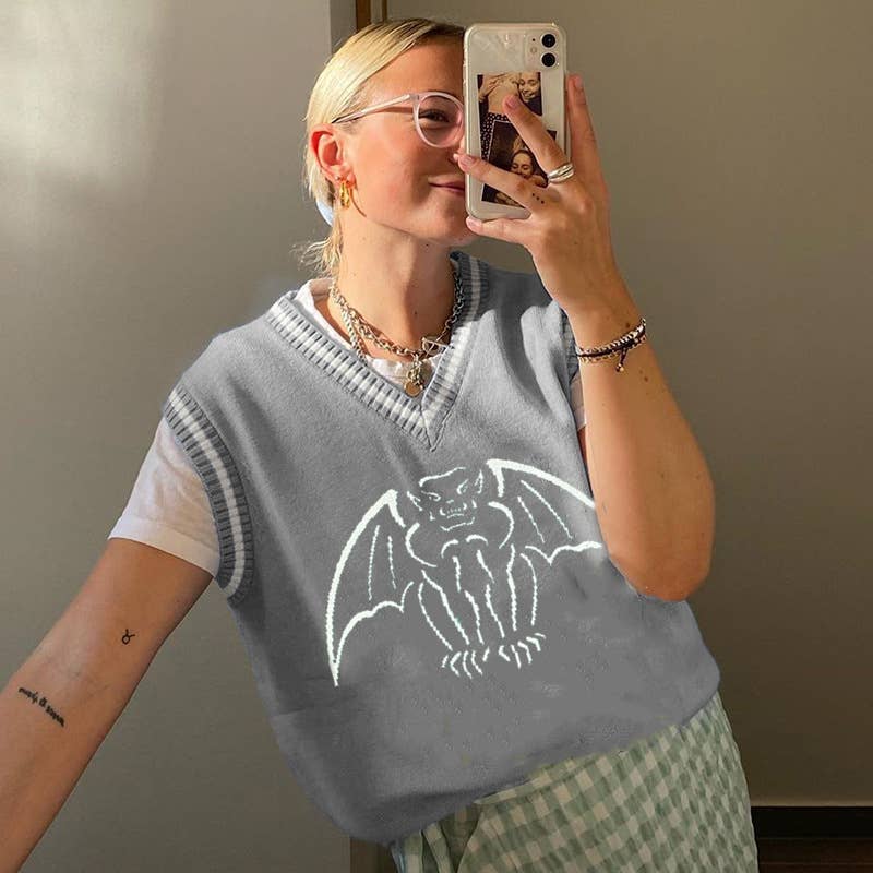 STYLISH DEEP V-NECK BAT JACQUARD WOOL VEST