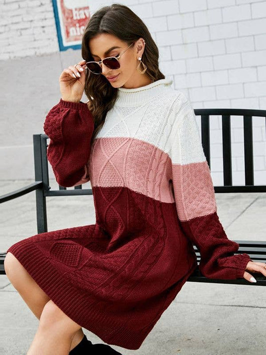 LONG SLEEVE SWEATER DRESS IN CONTRASTING COLORS
