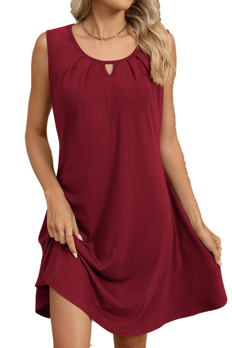 CWDSD10546_SUMMER ROUND NECK PLEATED SLEEVELESS POCKET DRESS