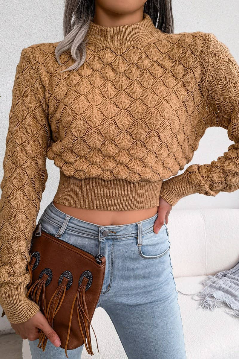 WOMEN SCALES PATTERN KNITTED HIGH NECK SWEATER_CWOSWL0465