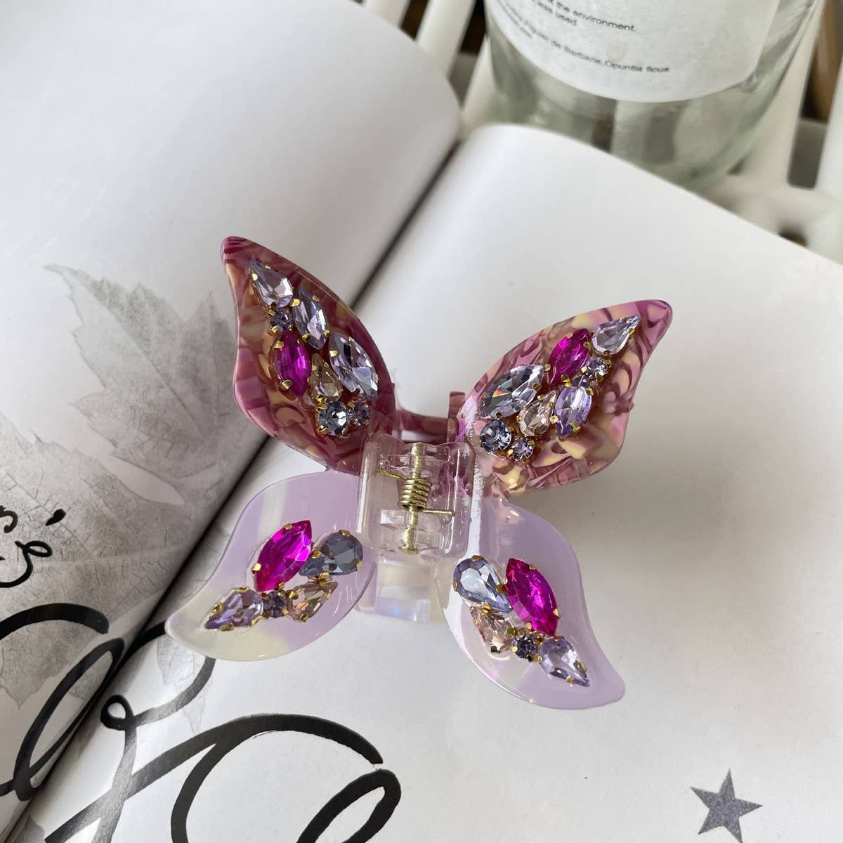 3D Butterfly Hair Claw, Rhinestone Floral Acetate _CWASC1583