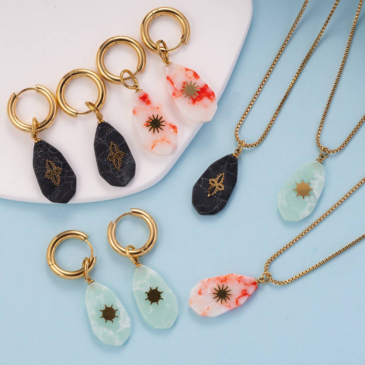 Vintage Steel Necklace & Earrings with Stone