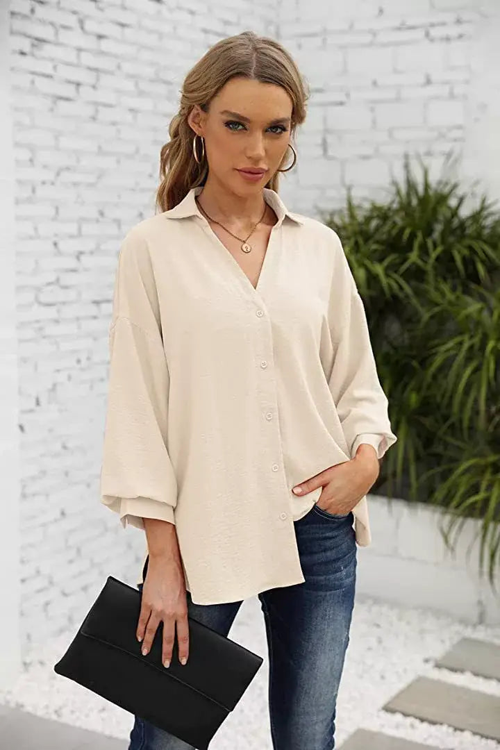 LANTERN SLEEVE BUTTON V-NECK CHIFFON CASUAL SHIRT