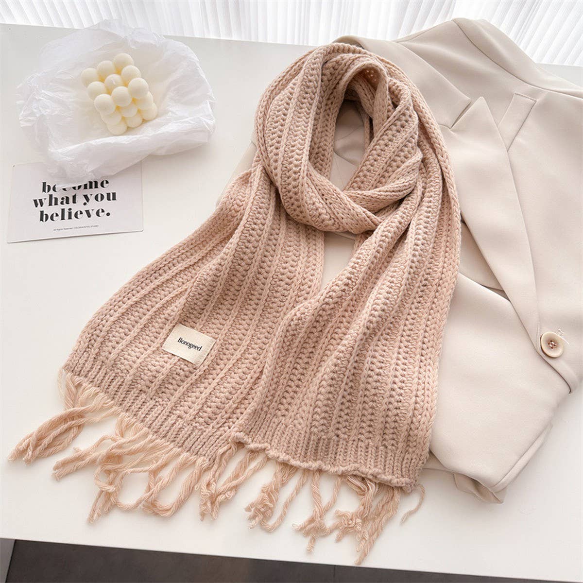 Cable Knit Wool Scarf with Tassels for Women_CWASC2756