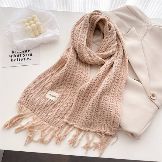 Cable Knit Wool Scarf with Tassels for Women_CWASC2756