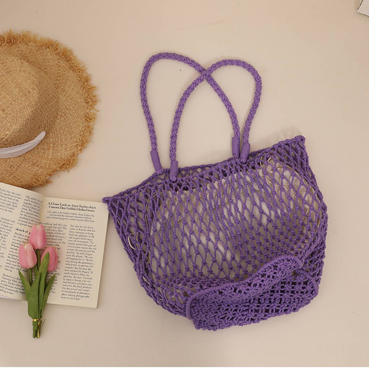 SIMPLE MESH ONE-SHOULDER BEACH STRAW BAG_CWAB1884