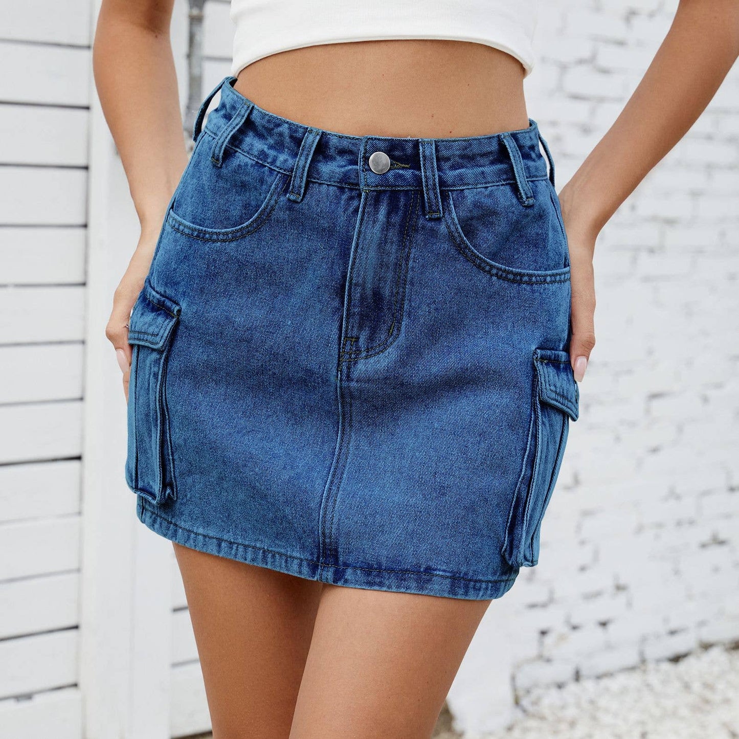 Washed American vintage denim cargo pocket skirt