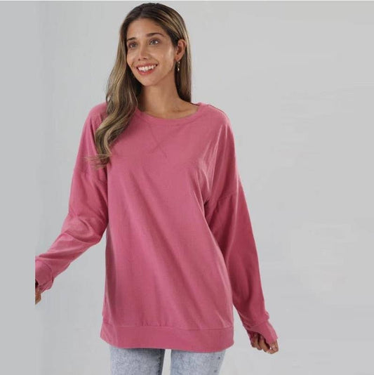 ROUND NECK LONG SLEEVE SOLID COLOR PULLOVER TOP