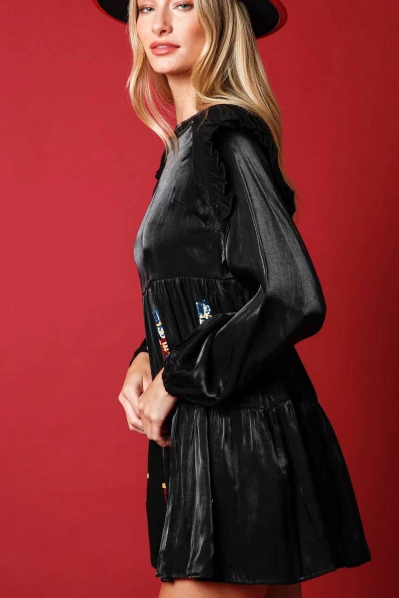 CWDSD10902_SEQUIN SOLDIER EMBROIDERY LONG SLEEVE DRESS