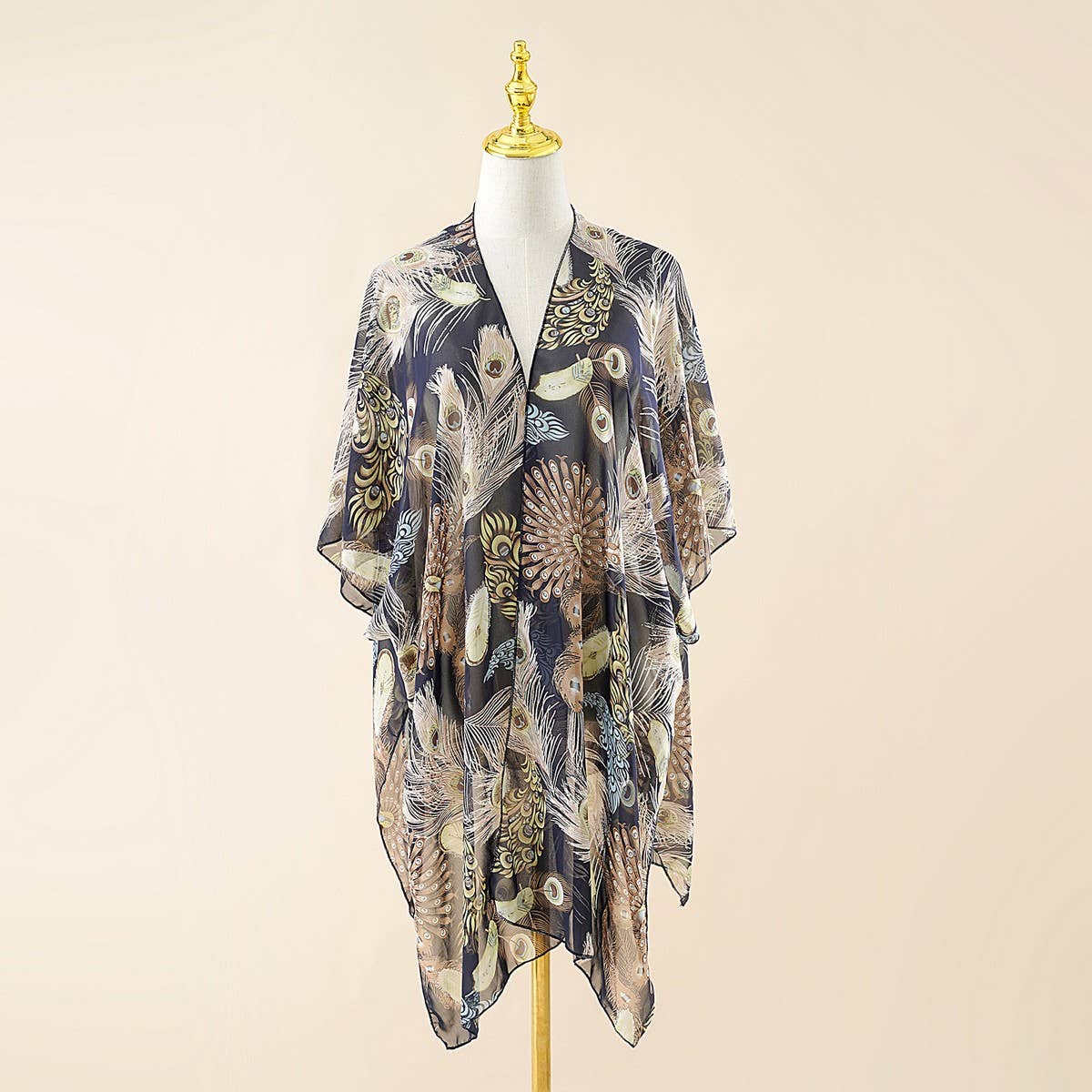 PEACOCK IN FULL BLOOM PRINT FRONT OPEN KIMONO_CWASC0800