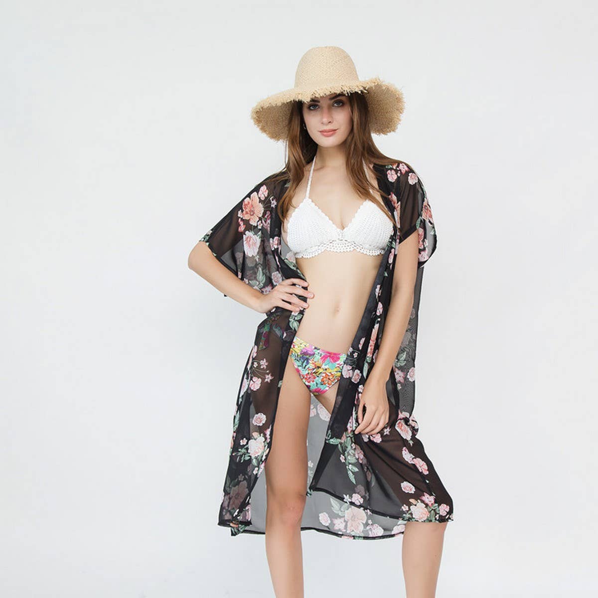 FLORAL PRINT FLOUNCE SLEEVE KIMONO