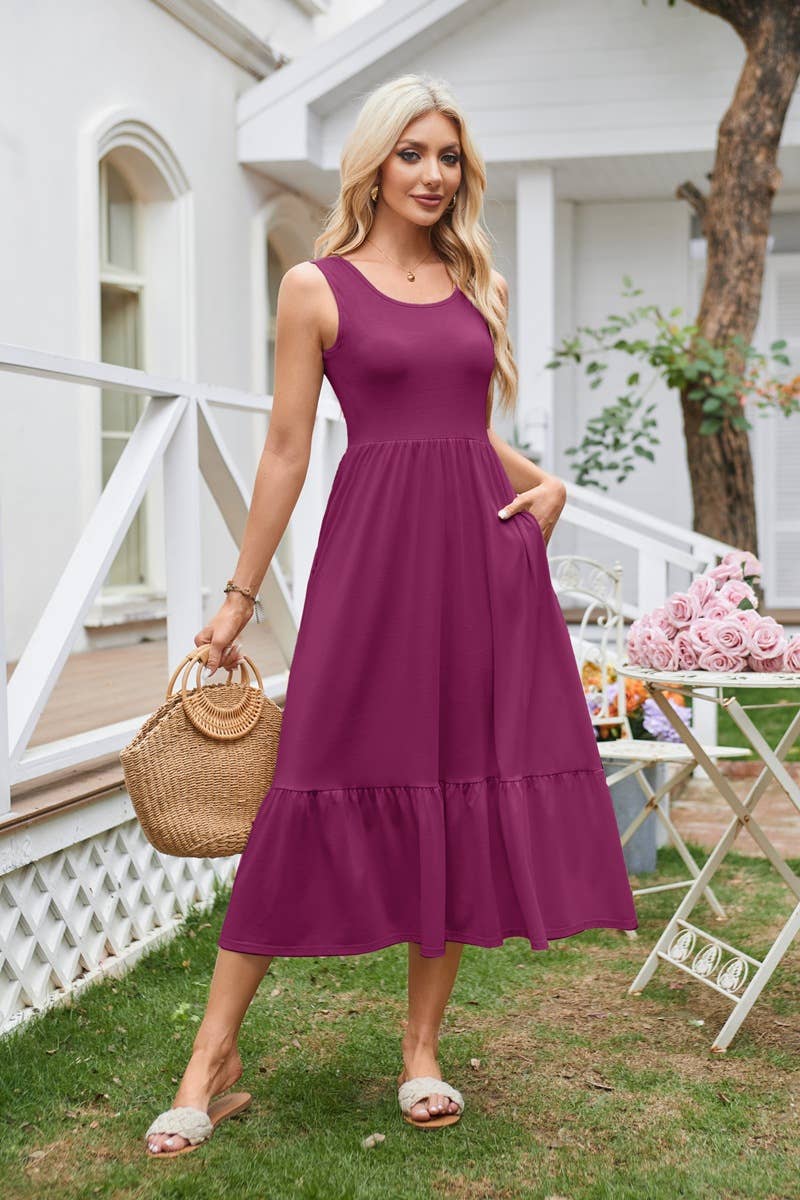 Square neck pleated large swing sleeveless dress