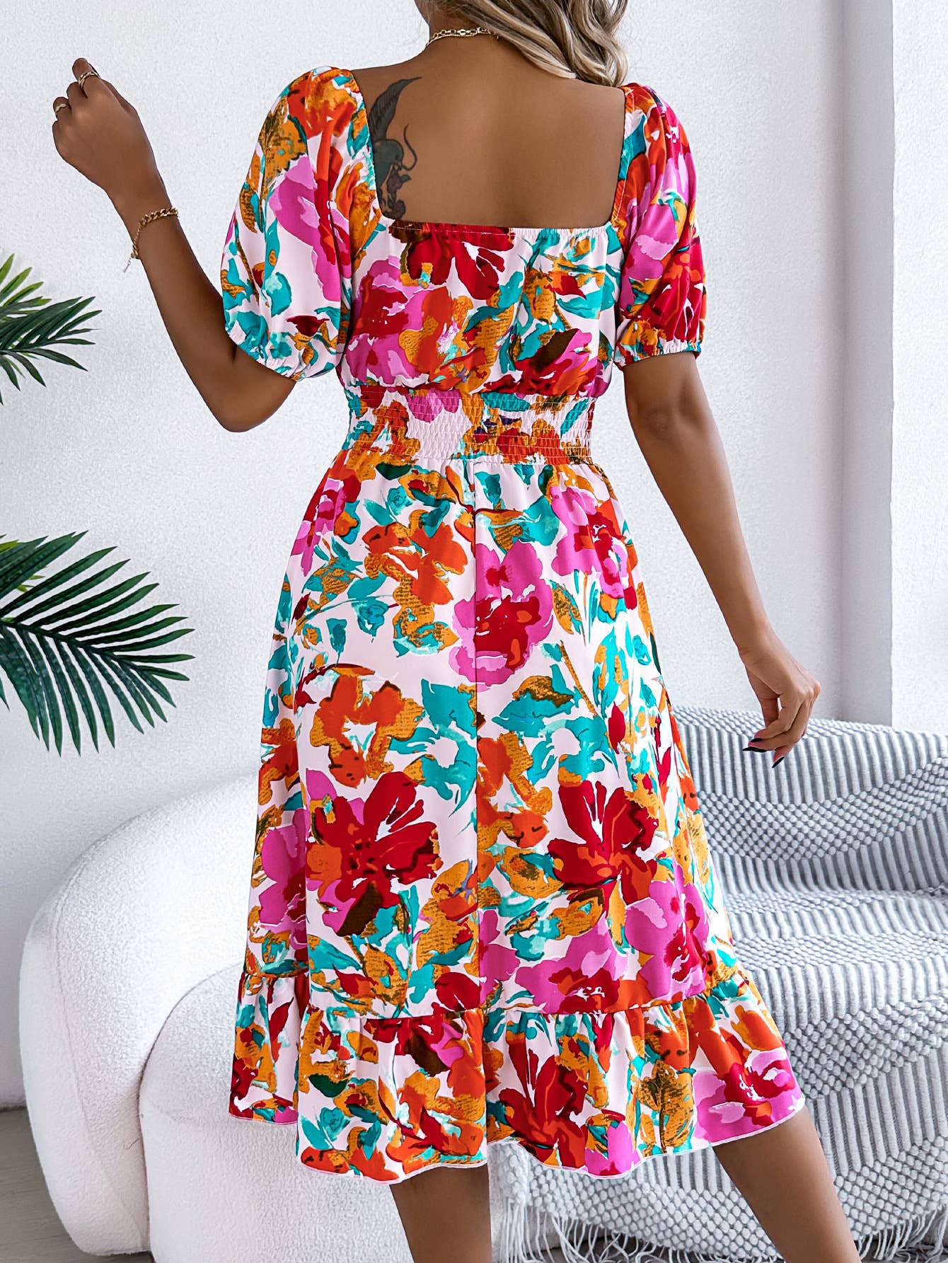Printed square collar waist peplum A-line dress
