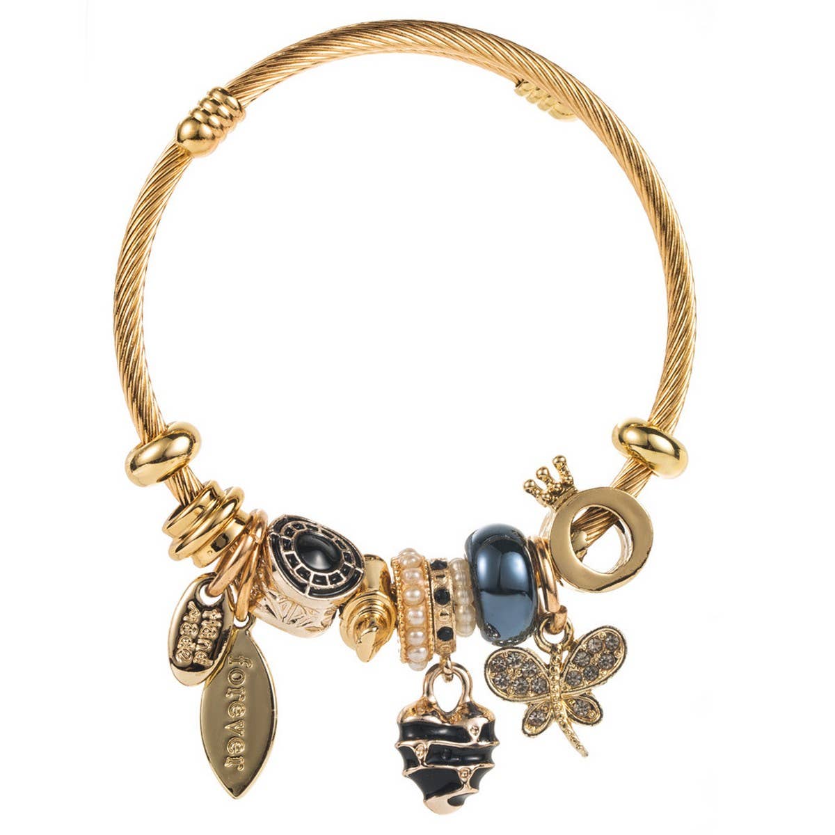 Travel Style Steel Bracelet with Rhinestone Charms