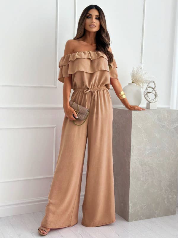 Line-neck wide-leg romper with ruffles
