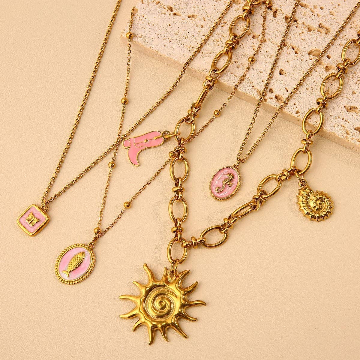 Ocean Style Steel Necklace with Shell & Fish_CWMM8834