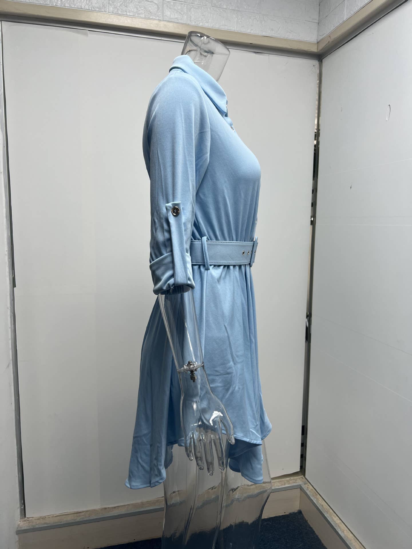 Rolled-up sleeves cinched waist shirt dress