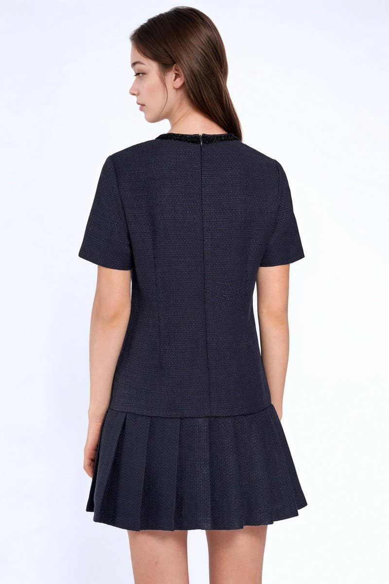 CWDSD8848_NAVY BLUE SHORT SLEEVE PLEATED DRESS