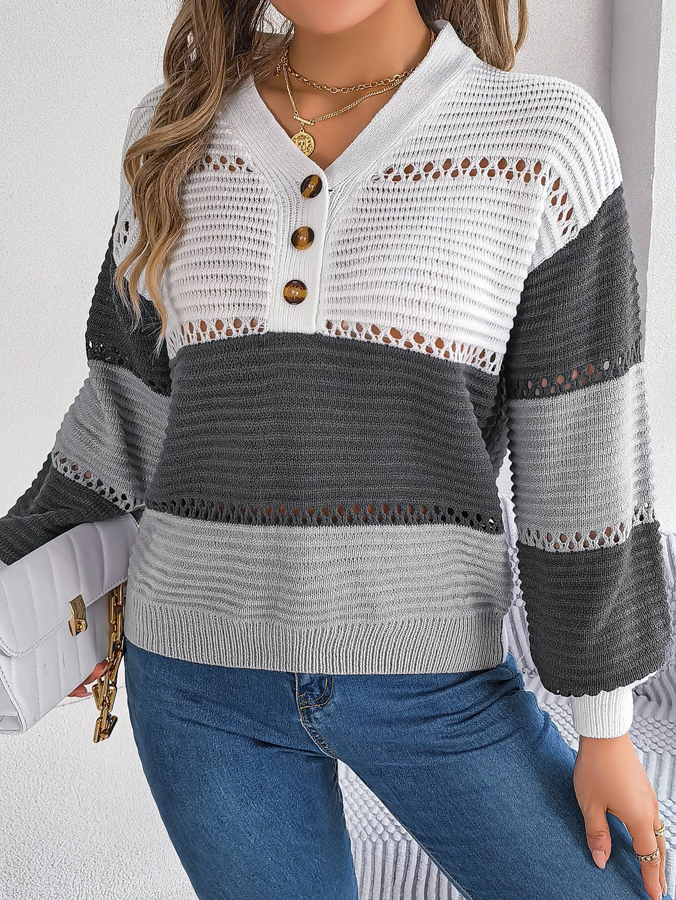 V-neck color-blocked lantern sleeve sweater