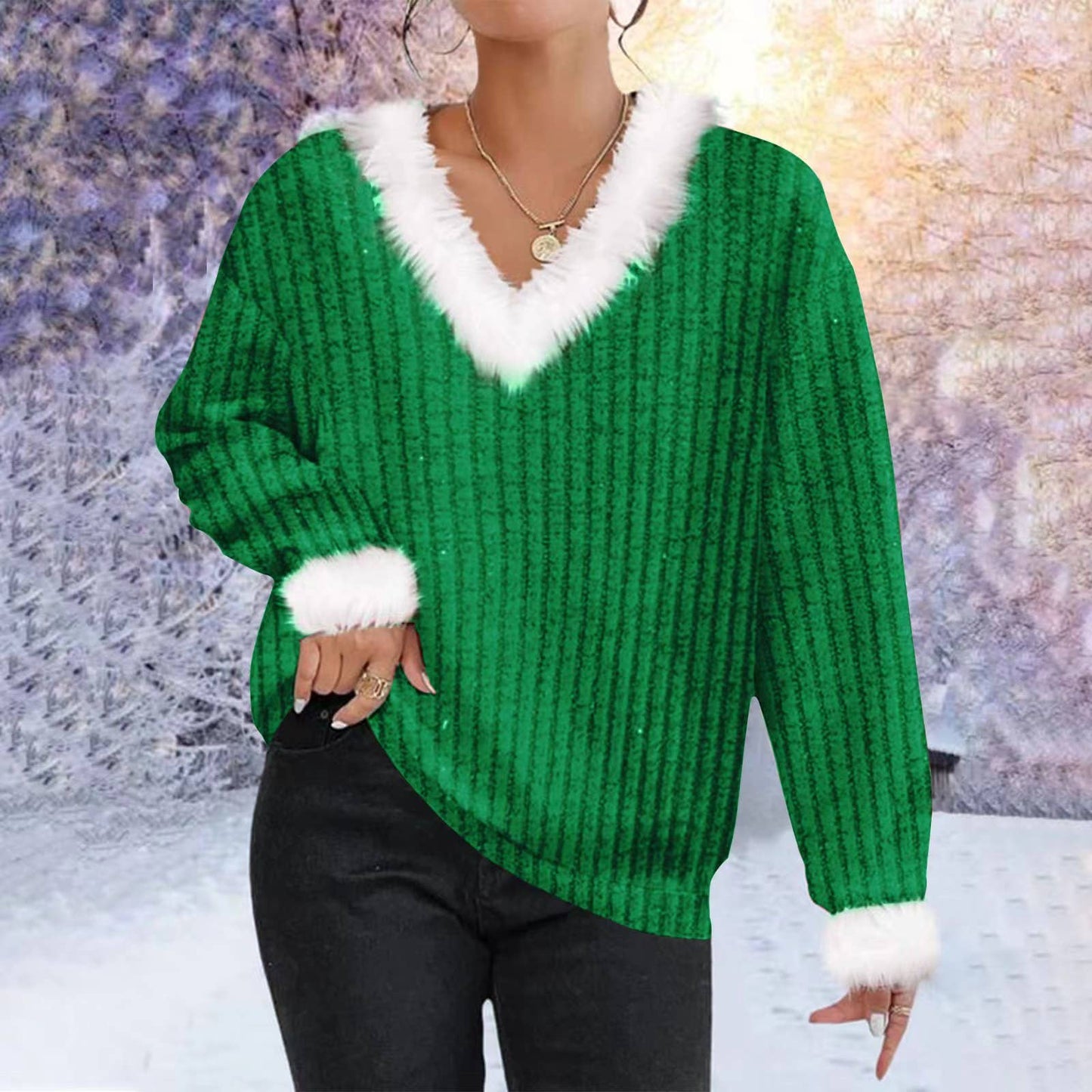 V WOOL COLLAR CLIP COTTON VERTICAL STRIPE SWEATER