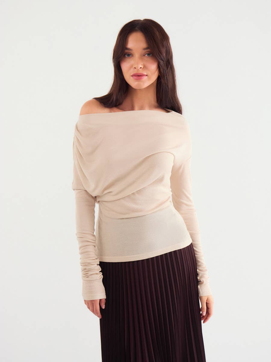 SOLID COLOR SLANT NECK OFF-THE-SHOULDER TOP