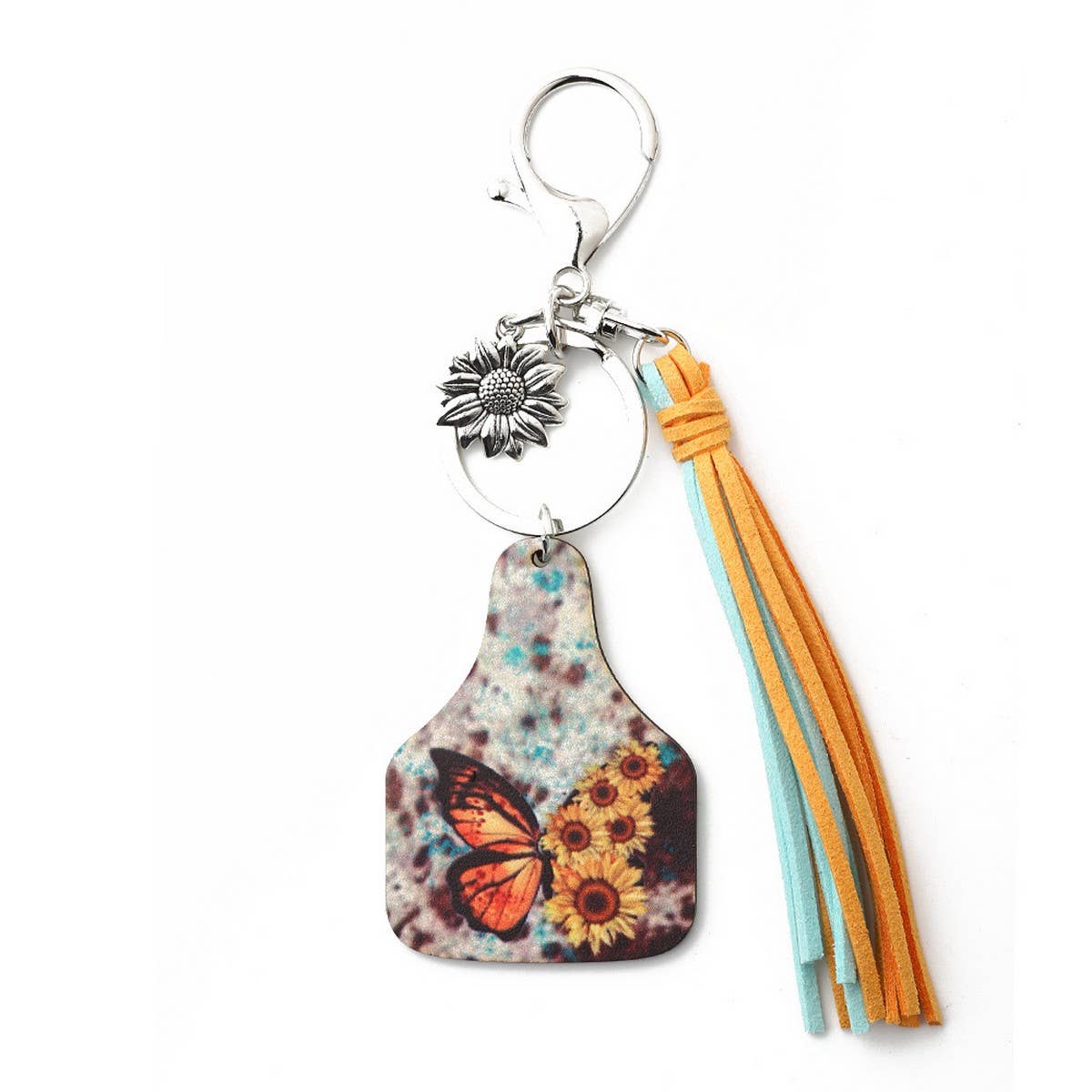 Western Bull Head Leather Tassel Sunflower Keychain_CWAB5089