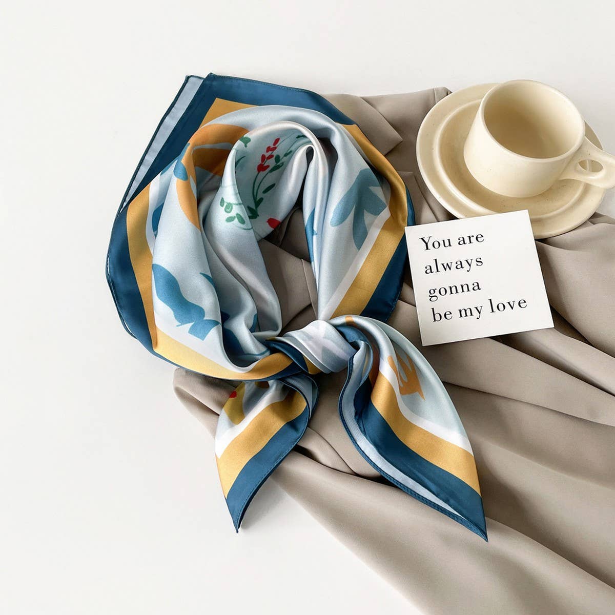 Mint Mambo Style Cartoon Print Satin Square Scarf