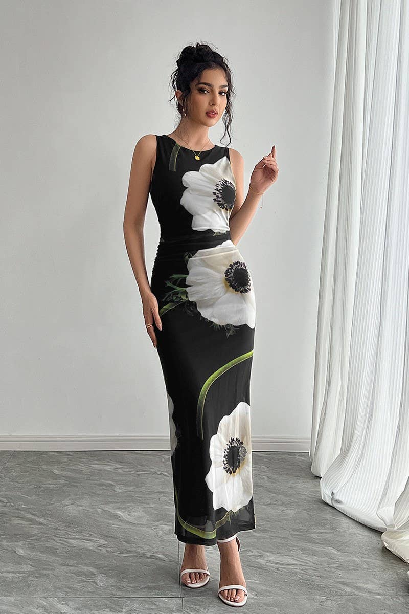 CWDMD5751_BLACK MESH FLORAL PRINT SLEEVELESS MAXI DRESS