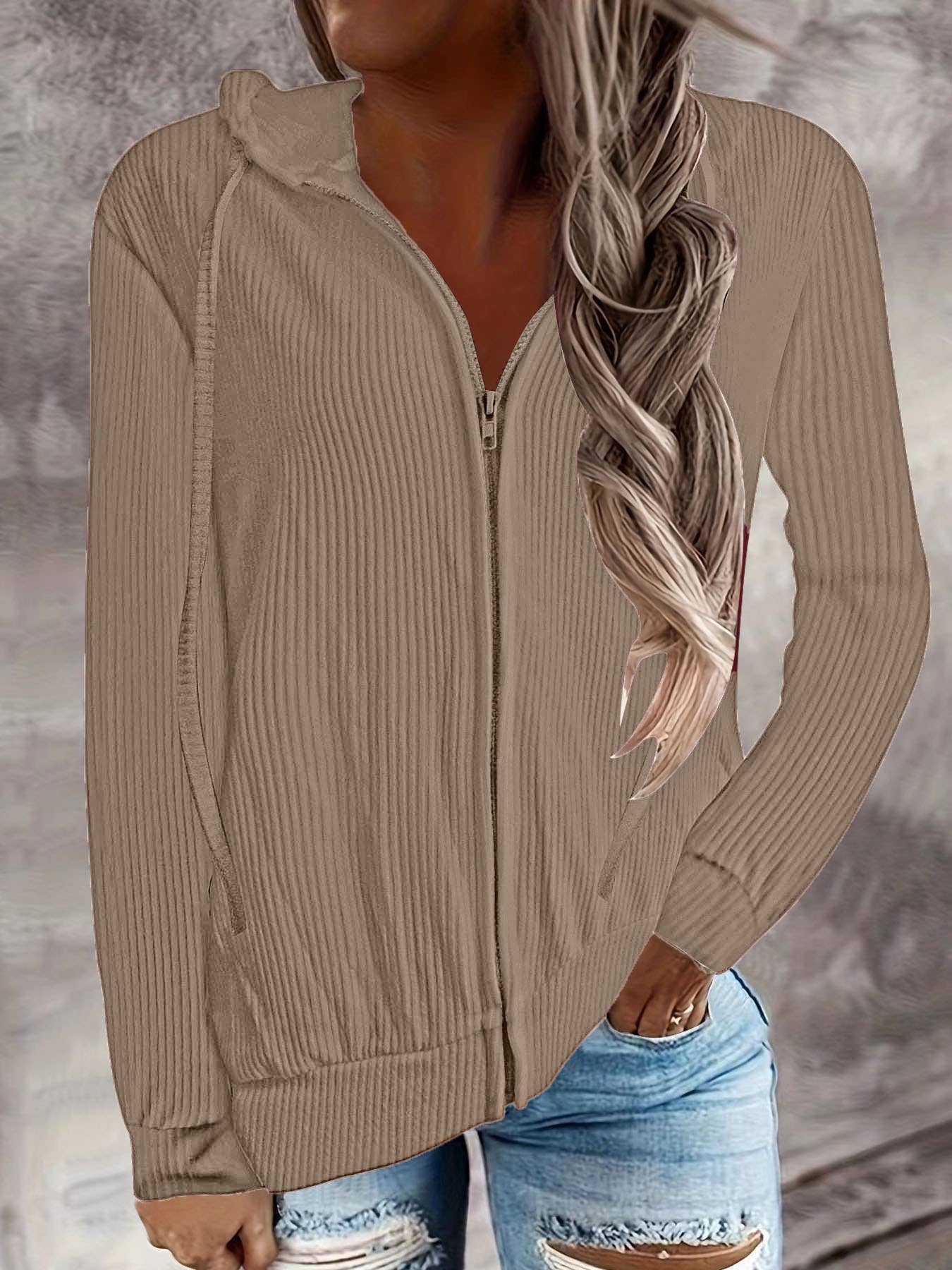 SOLID COLOR KNIT ZIPPER HOODED CARDIGAN COAT