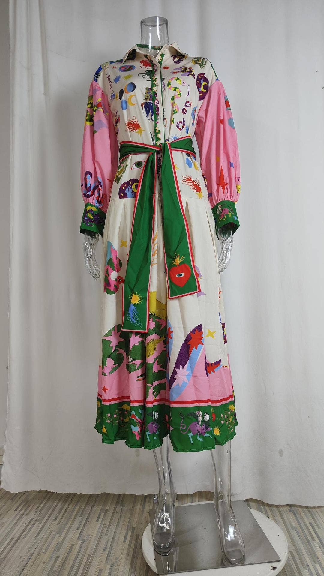 LANTERN SLEEVE PRINTED LAPEL LONG-SLEEVED DRESS