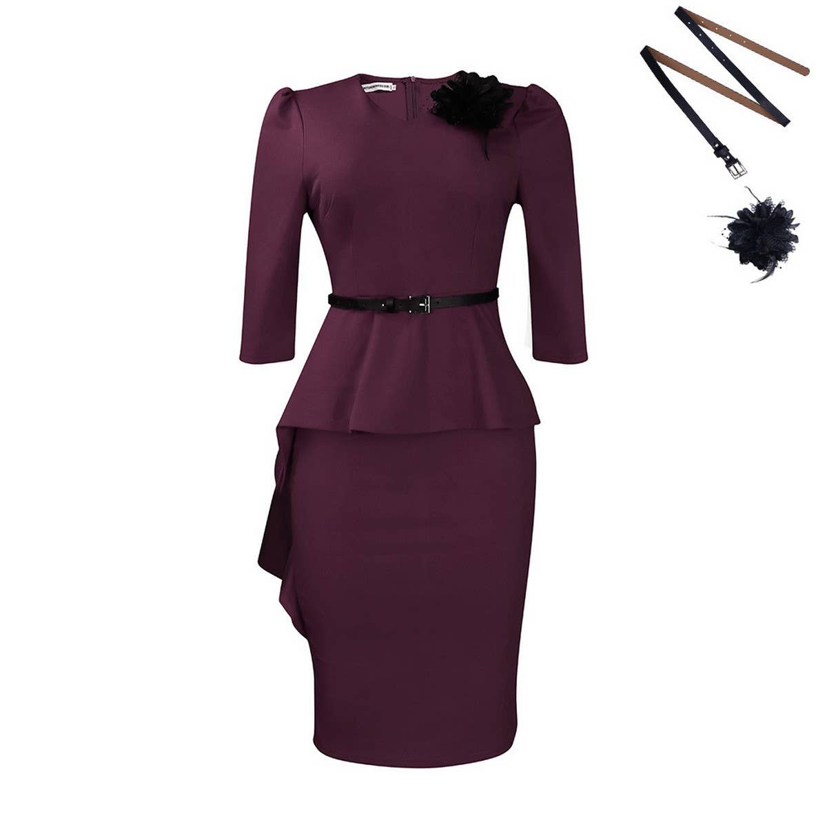 RUFFLED RETRO V-NECK HIP-HUGGING PENCIL DRESS