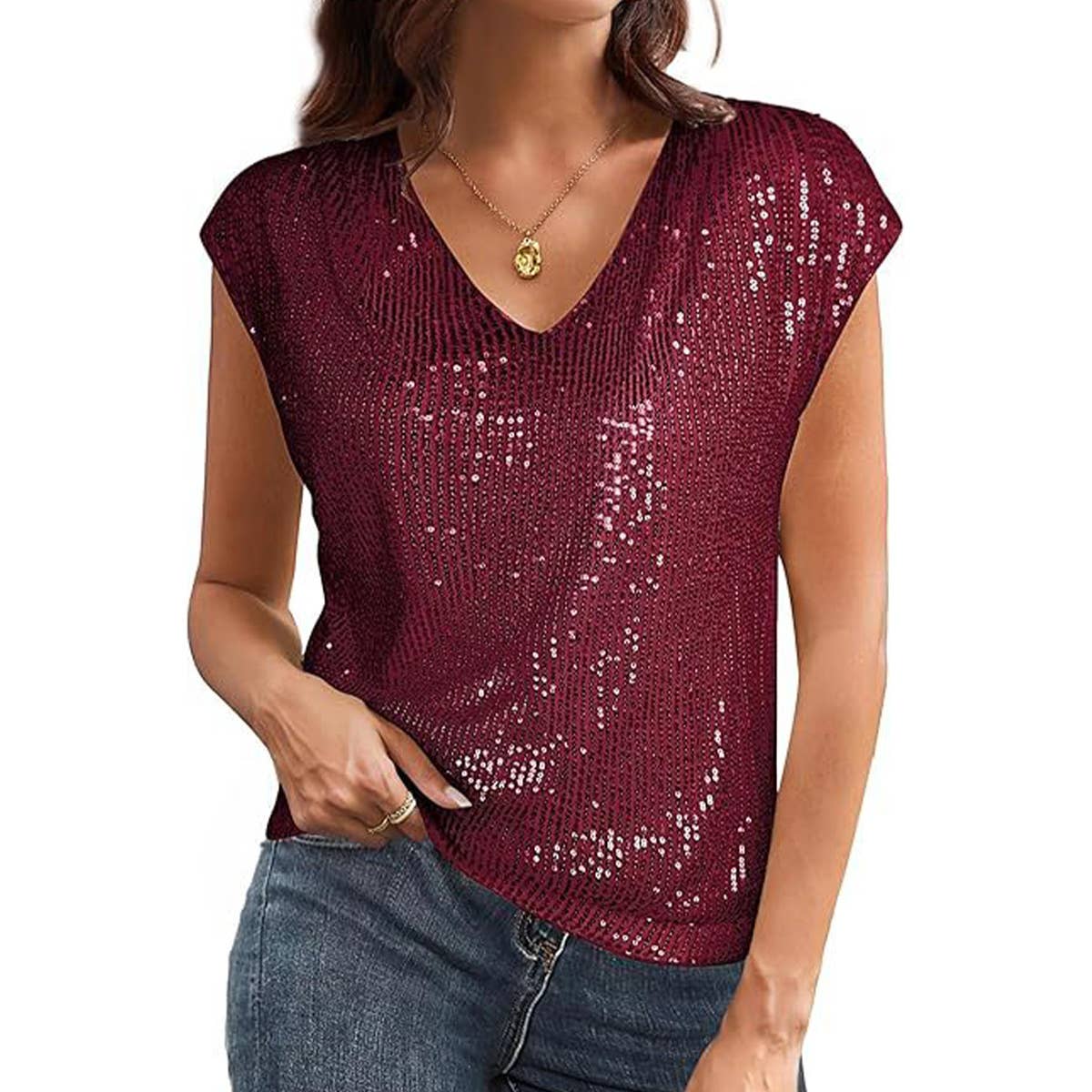 Women¡¯s sequin V-neck fitted raglan sleeve top