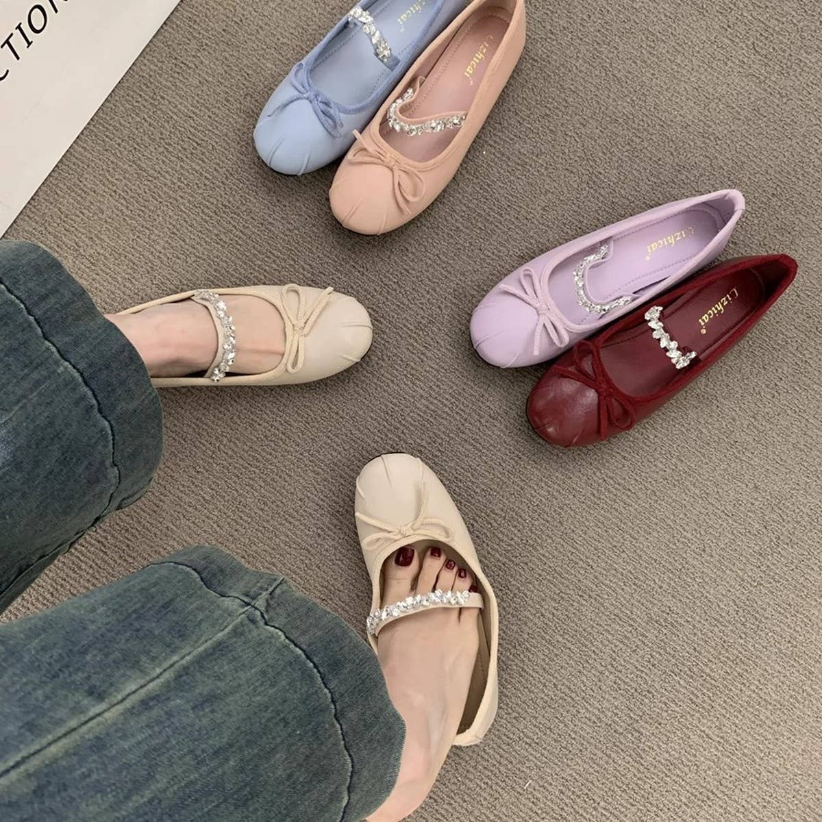 Rhinestone Strap Flat Mary Jane Bow Ballet Flats