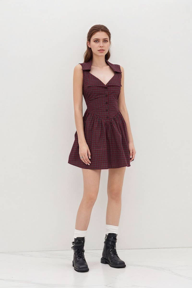 CWDSD8873_PLAID HALTER POLO NECK SLEEVELESS MINI DRESS
