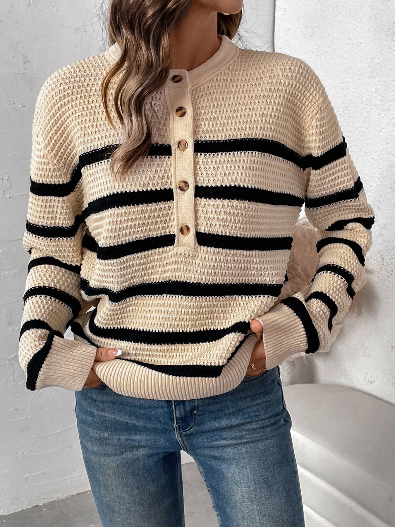 Striped button-down chunky knit crew neck sweater